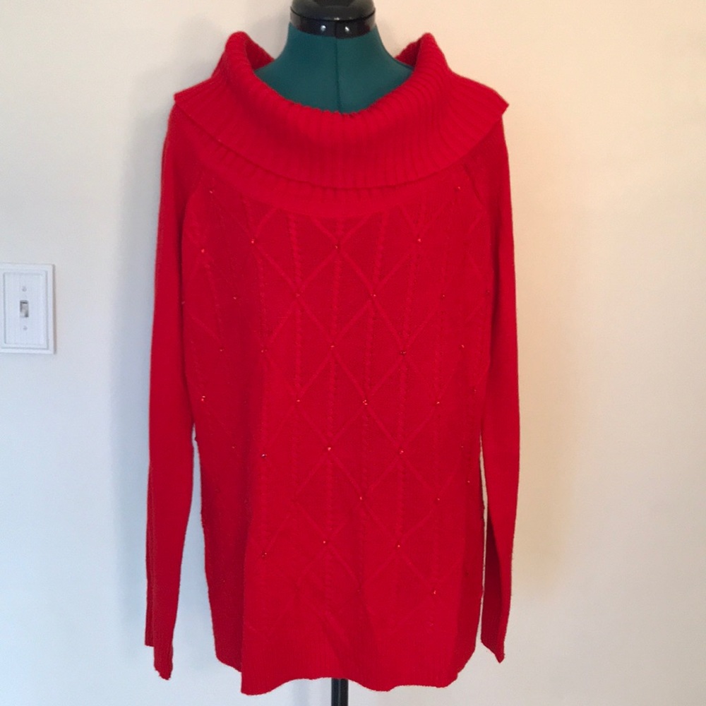 Red Beaded NY & Co Cowl Neck Sweater
